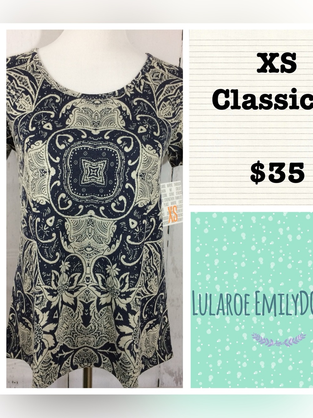 LuLaRoe Short Sleeve Top in Navy and Cream Paisley